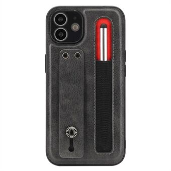 007 Series for iPhone 12 6.1 inch PU Leather Coated TPU Shockproof Anto-fall Hand Strap Kickstand Protective Phone Case with Stylus