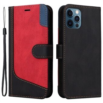 For iPhone 12 6.1 inch/12 Pro 6.1 inch Tri-color Splicing Design PU Leather Phone Case with Wallet Stand and Strap