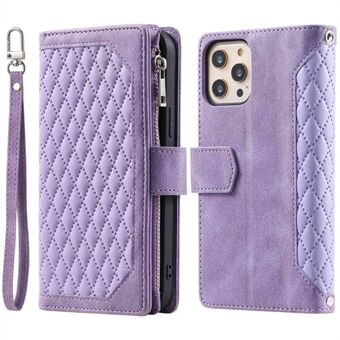 005 Style for iPhone 12 6.1 inch / 12 Pro 6.1 inch Rhombus Texture Zipper Pocket Phone Cover with Strap, PU Leather Stand Wallet Case