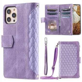 005 Style Phone Wallet Case For iPhone 12 6.1 inch / 12 Pro 6.1 inch, Card Holder Anti-drop PU Leather Rhombus Texture Zipper Pocket Phone Cover Stand with Strap