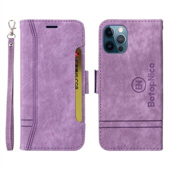 BETOPNICE 001 For iPhone 12 / 12 Pro 6.1 inch Imprinted Stitching Line PU Leather + TPU Case Wallet Stand Phone Cover with Strap