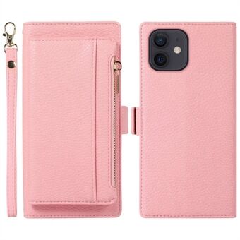 2 in 1 Magnetic Flip Leather Case For iPhone 12 6.1 inch / 12 Pro 6.1 inch, Detachable Zipper Pocket Wallet Litchi Texture Phone Cover Stand with Strap