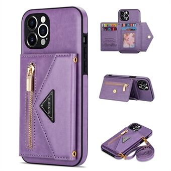 N.BEKUS for iPhone 12 Pro 6.1 inch Kickstand Design Zippered Pocket PU Leather + TPU Phone Case with Long Lanyard