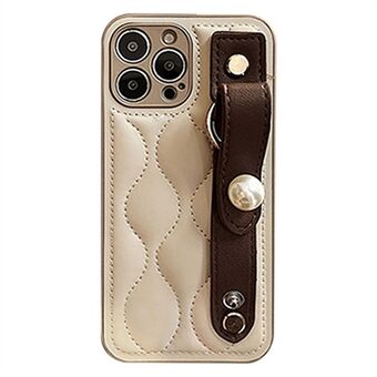 For iPhone 12 Pro 6.1 inch Bump Proof Rhombus Texture PU Leather Coated PC Hard Case Back Cover with Faux Pearl Wristband
