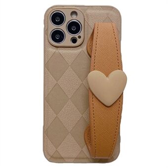For iPhone 12 Pro 6.1 inch Drop Proof Rhombus Imprinted PU Leather Coated PC+TPU Phone Cover Back Shell with Love Heart Wristband