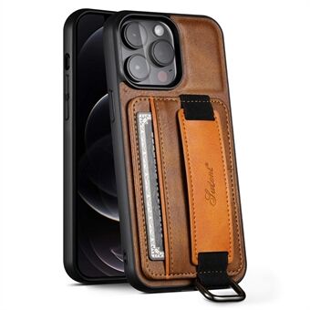 SUTENI H13 Card Holder Phone Case for iPhone 12 Pro Leather Coated PC + TPU Kickstand Phone Cover with Hand Strap