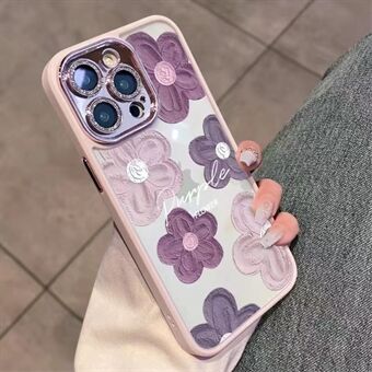 For iPhone 12 Pro 6.1 inch Oil Painting Flowers Phone Case Glitter Camera Ring TPU Cover with Lens Film