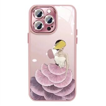For iPhone 12 Pro Beauty Pattern Phone Cover TPU Frame Tempered Glass Back Case with Glitter Lens Protector