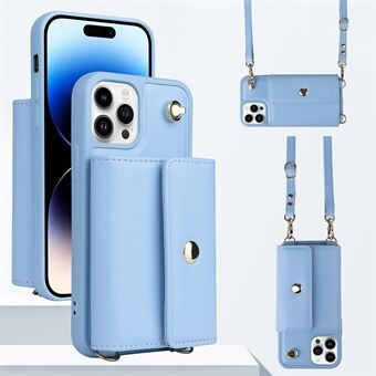 For iPhone 12 Pro 6.1 inch Leather+TPU Anti-drop Case Magnetic Button Card Bag Phone Cover with Shoulder Strap