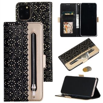 Lace Flower Pattern Zipper Pocket Leather Wallet Phone Cover for iPhone 12 Pro Max 6.7 inch - Black