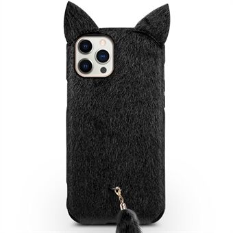 QIALINO Plush Coated TPU Phone Cover Decor with Fluffy Cat Ear + Tail Strap for iPhone 12 Pro Max