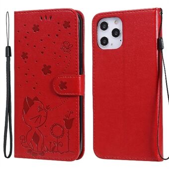Imprint Cat and Bee Pattern Cover Case with Strap for iPhone 12 Pro Max 6.7 inch