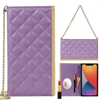 Grid Texture Phone Bag Leather Phone Case Hand Bag with Makeup Mirror for iPhone 12 Pro Max 6.7 inch