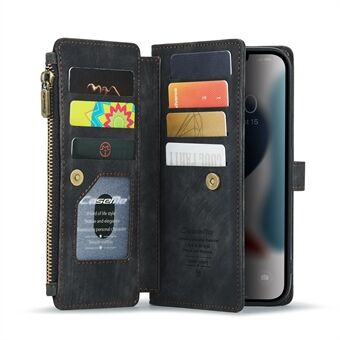CASEME C30 Series Anti-Fall Multiple Card Slots Zippered Wallet PU Leather Phone Case with Stand for iPhone 12 Pro Max 6.7 inch - Black