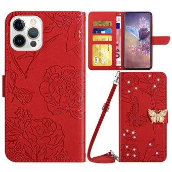 For iPhone 12 Pro Max 6.7 inch Butterfly Flowers Imprinted Rhinestone Decor Phone Cover Wallet Horizontal Stand Leather Case with Shoulder Strap