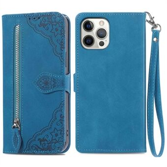 For iPhone 12 Pro Max 6.7 inch Imprinted Leather Anti-scratch Well-protected Magnetic Phone Case Zipper Pocket Design Folio Flip Wallet Shell with Stand
