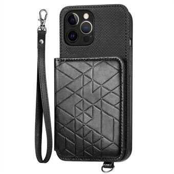 For iPhone 12 Pro Max 6.7 inch Kickstand PU Leather Coated TPU Phone Case Geometry Imprinted Anti-scratch Wallet Cover with Wrist Strap