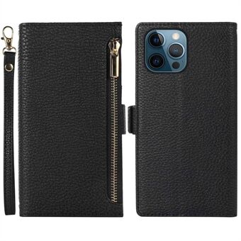 For iPhone 12 Pro Max 6.7 inch Zipper Pocket Design Litchi Texture Phone Case, PU Leather Shockproof Flip Cover Wallet with Strap