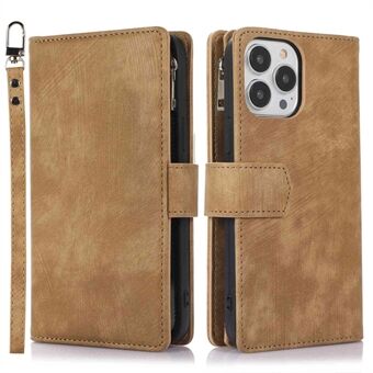 For iPhone 12 Pro Max 6.7 inch Zipper Pocket Phone Stand Wallet Case Full Protection Skin-touch PU Leather Card Holder Shell with Wrist and Shoulder Strap