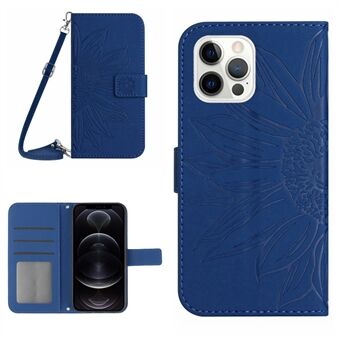 For iPhone 12 Pro Max 6.7 inch HT04 Skin-touch Imprinted Sunflower Case Wallet Stand PU Leather Cover with Shoulder Strap