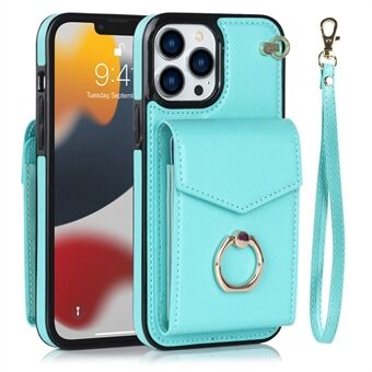 For iPhone 12 Pro Max 6.7 inch Accordion Style RFID Blocking Card Bag Smartphone Cover Ring Kickstand PU Leather+TPU Shockproof Case with Strap