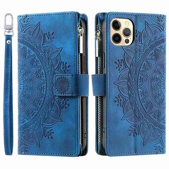 For iPhone 12 Pro Max 6.7 inch Mandala Flower Imprinted Drop-proof Phone Cover Stand with Multiple Card Slots Zipper Pocket Wallet PU Leather Phone Case with Strap