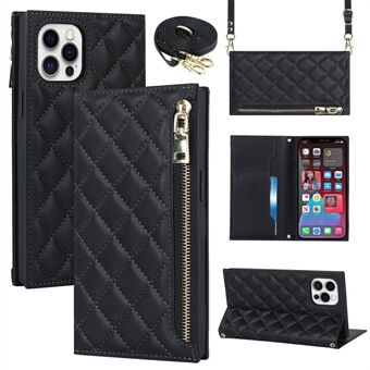 For iPhone 12 Pro Max 6.7 inch Rhombus Imprinted Zipper Pocket Phone Case PU Leather Wallet Stand Cover with Shoulder Strap