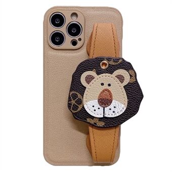 For iPhone 12 Pro Max 6.7 inch Back Cover Anti-collision PU Leather Coated TPU Shell with Cartoon Lion Wristband