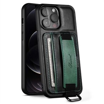 SUTENI H13 Phone Kickstand Case for iPhone 12 Pro Max Card Holder Leather Coated PC + TPU Hand Strap Phone Cover