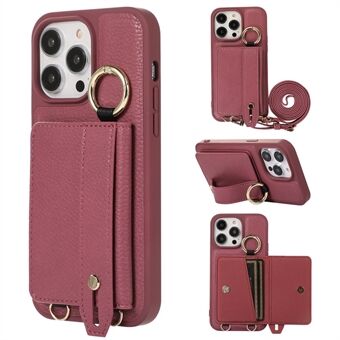 Card Holder Phone Cover for iPhone 12 Pro Max 6.7 inch Hand Strap Kickstand Leather+TPU Case with Shoulder Strap
