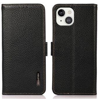 KHAZNEH Litchi Texture RFID Signal Blocking Genuine Leather Wallet Case Privacy Protection Anti-Theft Pouch Case Blocker for iPhone 13 6.1 inch