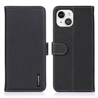KHAZNEH Top Layer Genuine Leather Litchi Texture Wallet Design Phone Stand Case for iPhone 13 6.1 inch