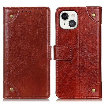 Nappa Texture Brass Button Decor Wallet Leather Phone Stand Shell Cover for iPhone 13 6.1 inch