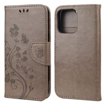 Well-protected Butterfly Flower Imprint Leather Wallet Phone Stand Case for iPhone 13 6.1 inch