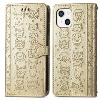 Imprint Cat Dog Pattern Design PU Leather Cover Dust-proof Shell for iPhone 13 6.1 inch