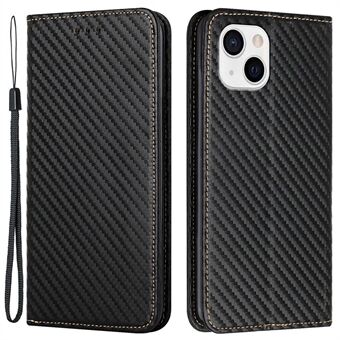 Solid Color Carbon Fiber Texture Auto-absorbed Leather Phone Cover Case with Wallet Stand for iPhone 13 6.1 inch