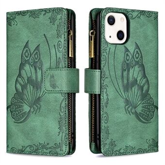 Imprinted Butterfly Anti-Drop Stylish Zipper Wallet Design Leather Phone Case with Stand for iPhone 13 6.1 inch