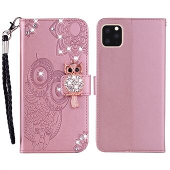 Rhinestone Decor Wallet Stand Leather Case Shell with Imprinted Owl Pattern for iPhone 13 6.1 inch