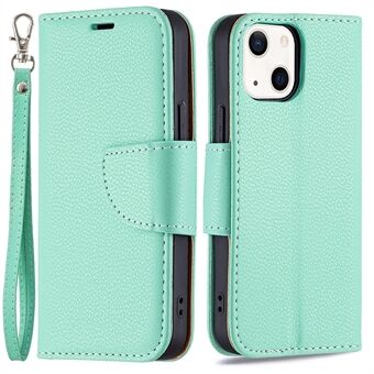 Solid Color Litchi Texture PU Leather Phone Wallet Case Cover with Strap for iPhone 13 6.1 inch