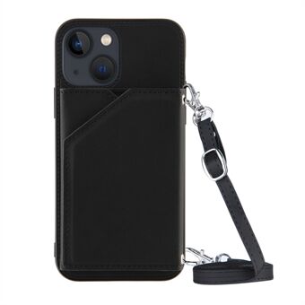 Skin-Touch Feel PU Leather + TPU Kickstand Card Holder Phone Back Case with Shoulder Strap for iPhone 13 6.1 inch