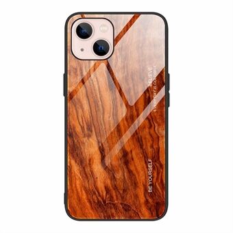 Wood Grain Design Soft TPU + Tempered Glass Back Mobile Phone Case Cover for iPhone 13 6.1 inch