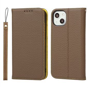 Scratch Resistant Phone Case Genuine Leather Litchi Texture Phone Cover Wallet Stand Cover Shell with Strap for iPhone 13 6.1 inch