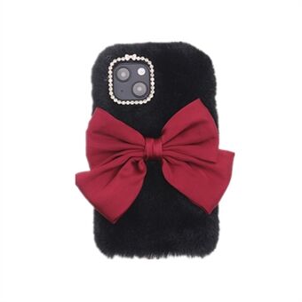 Soft Faux Fur Fluffy Warm Back Cover TPU Bumper Protective Bowknot Case with Rhinestone Decor for iPhone 13 6.1 inch