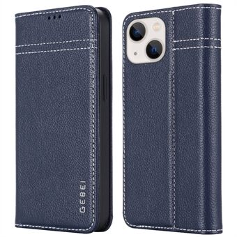 GEBEI Warship Series Litchi Texture Well-Protected Genuine Leather Card Slots Design Phone Protective Case Shell with Stand for iPhone 13 6.1 inch