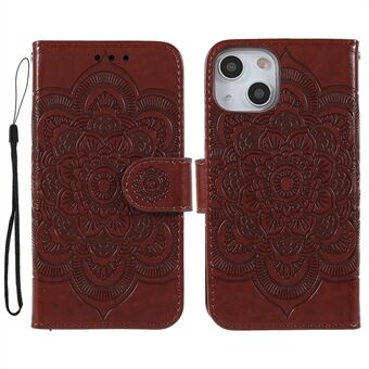 Imprinting Mandala Flower PU Leather Phone Stand Cover Wallet Case with Strap for iPhone 13 6.1 inch
