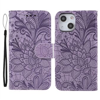Lace Flowers Pattern Imprinting PU Leather Soft TPU Stand Flip Wallet Phone Case with Strap for iPhone 13 6.1 inch