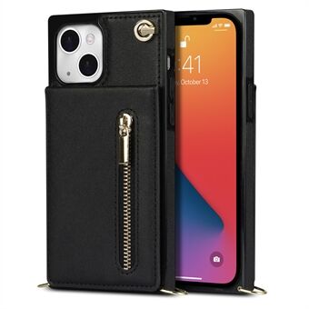 PU Leather Kickstand Phone Shell Anti-fall Shoulder Bag Zippered Wallet Pouch with Shoulder Strap for iPhone 13 6.1 inch