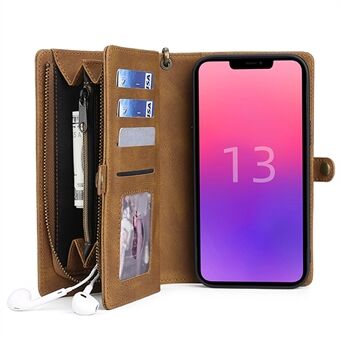 MEGSHI 017 Series Handy Strap Magnetic Absorption Zippered Wallet Scratch-resistant Well-protected Detachable Leather Cover for iPhone 13 6.1 inch
