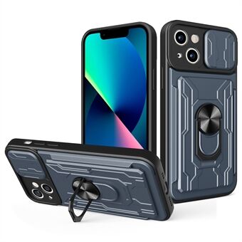 Camera Slide Cover PC + TPU Shockproof Hybrid Phone Case with Detachable Card Slot and Kickstand for iPhone 13 6.1 inch