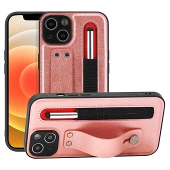 007 Series for iPhone 13 6.1 inch PU Leather Coated TPU Shock-Absorbing Protective Cover Kickstand Hand Strap Phone Case with Stylus Pen